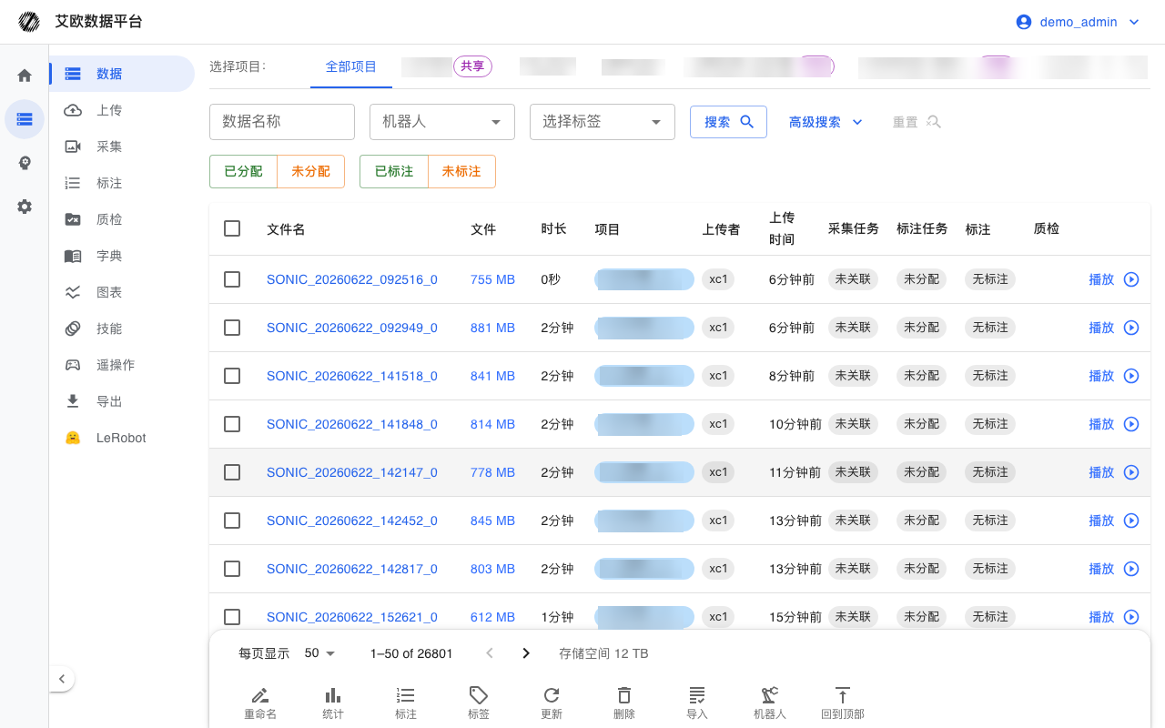 数据管理界面（管理员，测试环境）