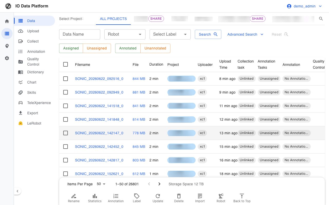 Data Management page (administrator, test environment)