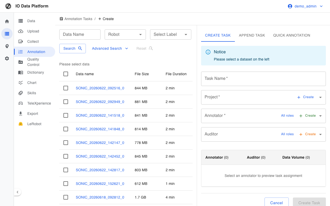 Create Annotation Task: select data on the left, fill in task information on the right