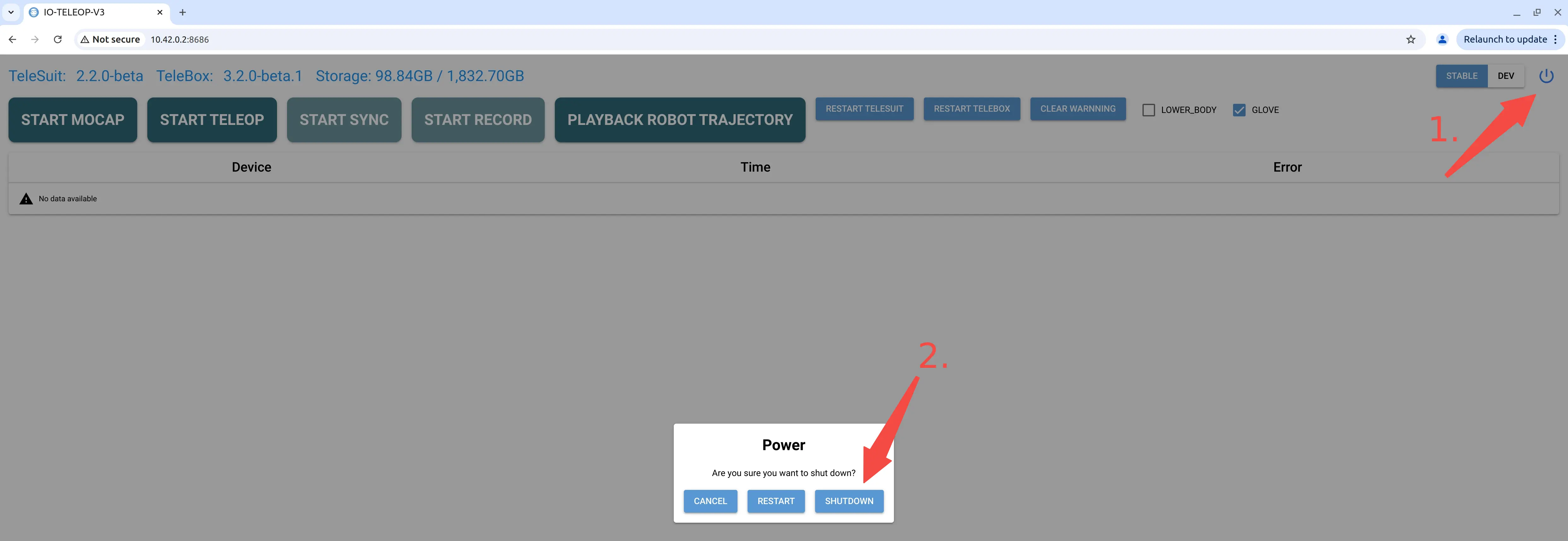 TeleSuit shutdown web interface
